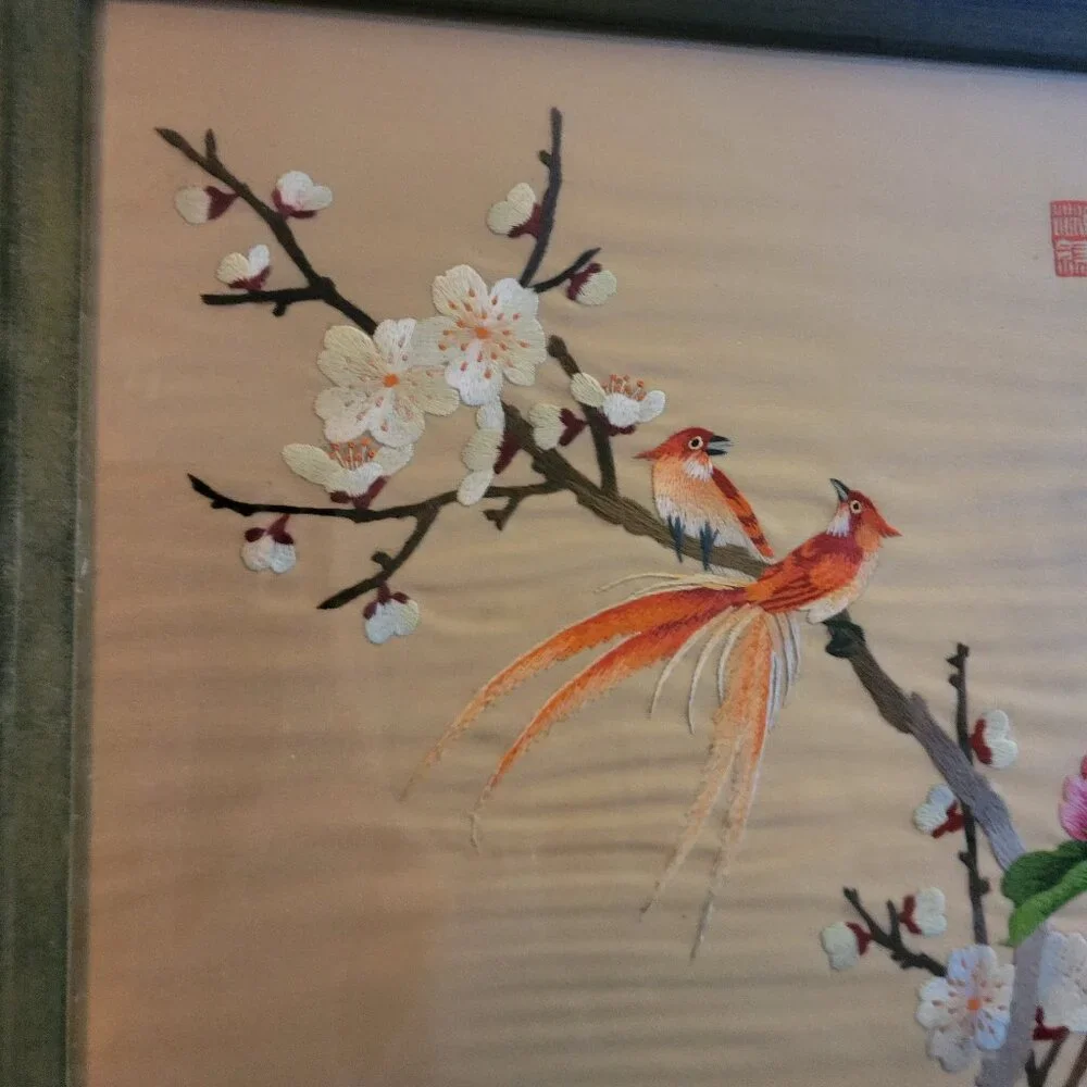 Vintage Japanese Silk Embroidery Handmade Framed Birds Flower Blossom Picture